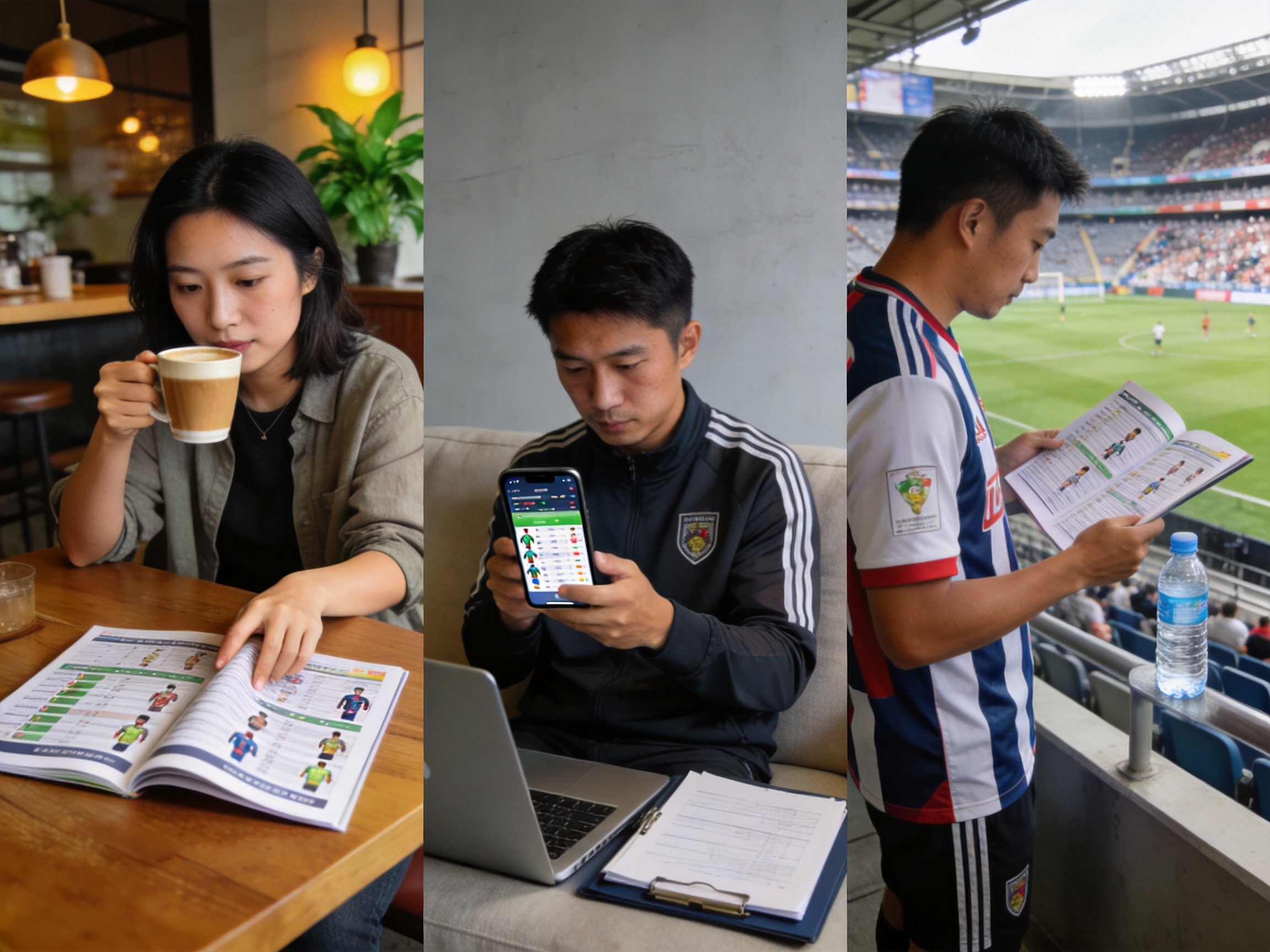 使用场景模块配图：用户在不同场景下查阅赛事信息、球队资料与球员表现的阅读示意